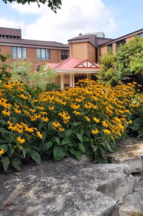 Front view of Encore Village of Schaumburg with yellow flowers and brick building entrance.