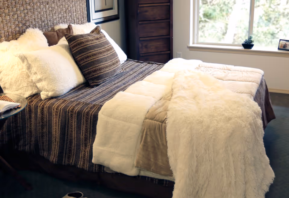 Well-made bed in a bright bedroom with patterned bedding, fluffy pillows, and a window to the right.