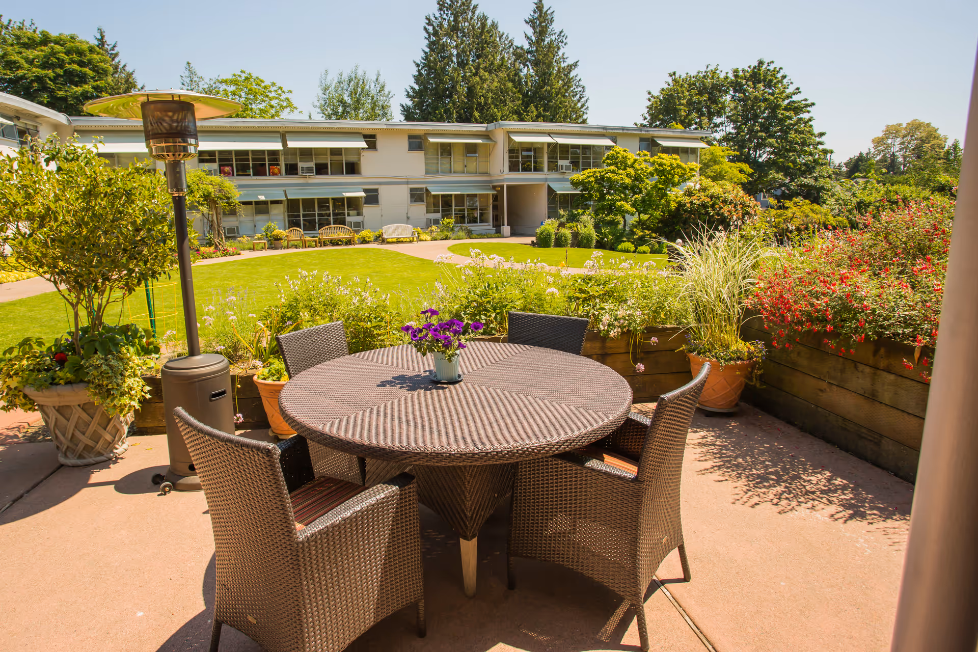 Outdoor patio area with a round wicker table and four matching chairs, a small potted plant with purple flowers on the table, surrounded by various potted plants and greenery. In the background, there is a two-story building with multiple windows and a well-maintained lawn and garden.