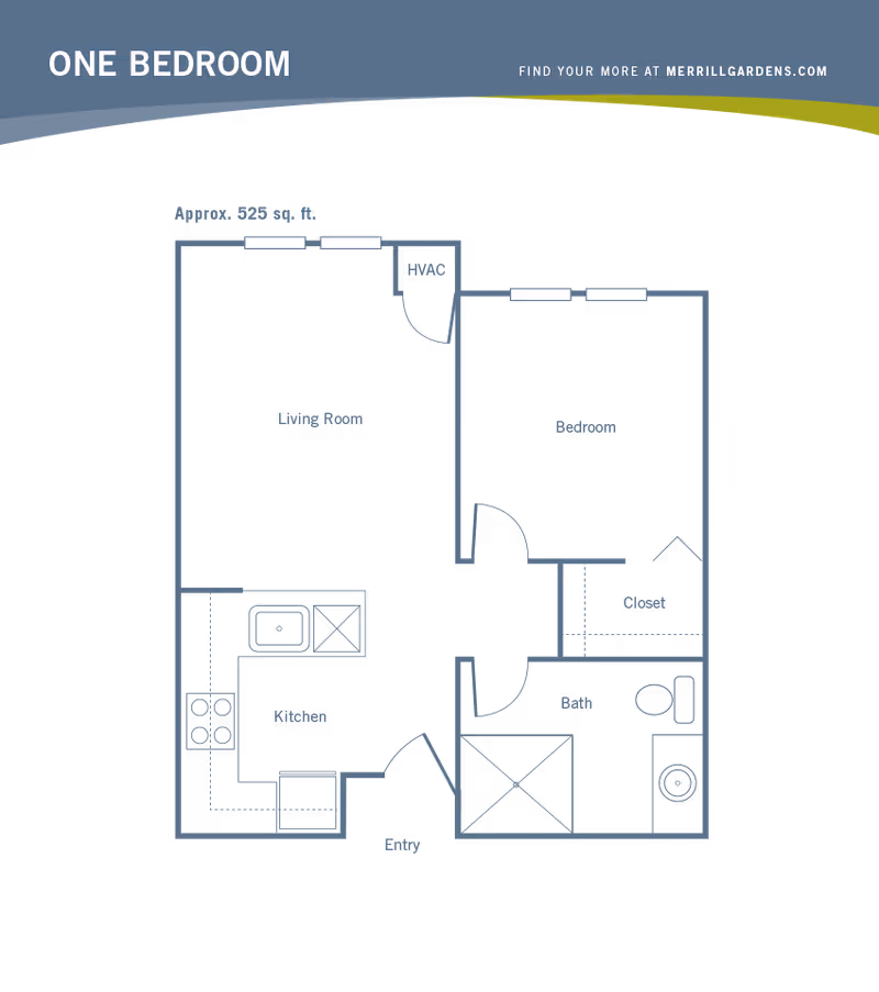 Floor plan of a one-bedroom apartment approximately 525 square feet, showing a living room, kitchen, bedroom with closet, bathroom, entry, and HVAC area.