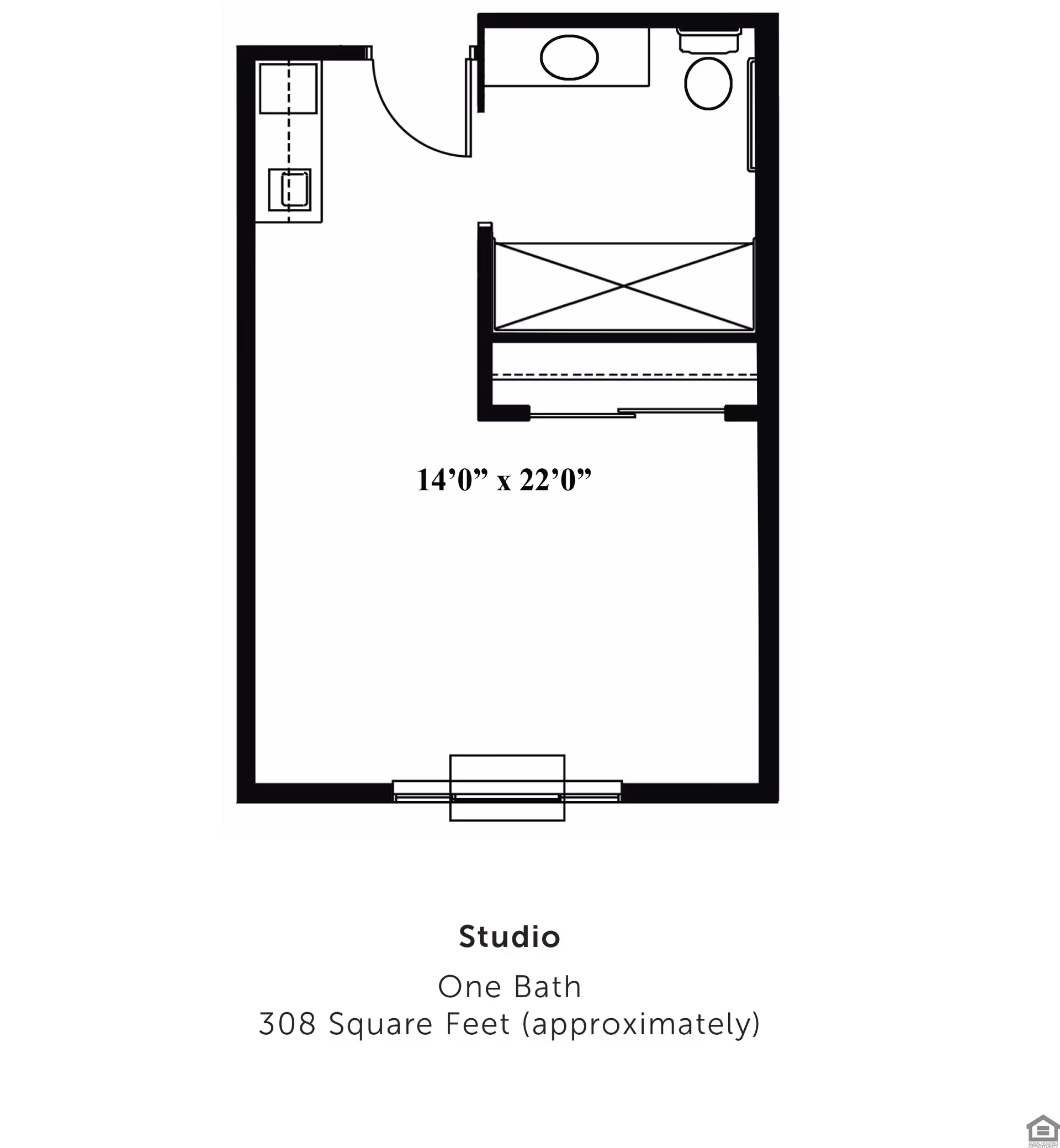 Black-and-white studio apartment floor plan showing a 14'0" x 22'0" main room with a kitchenette, bathroom, closet, and entry.