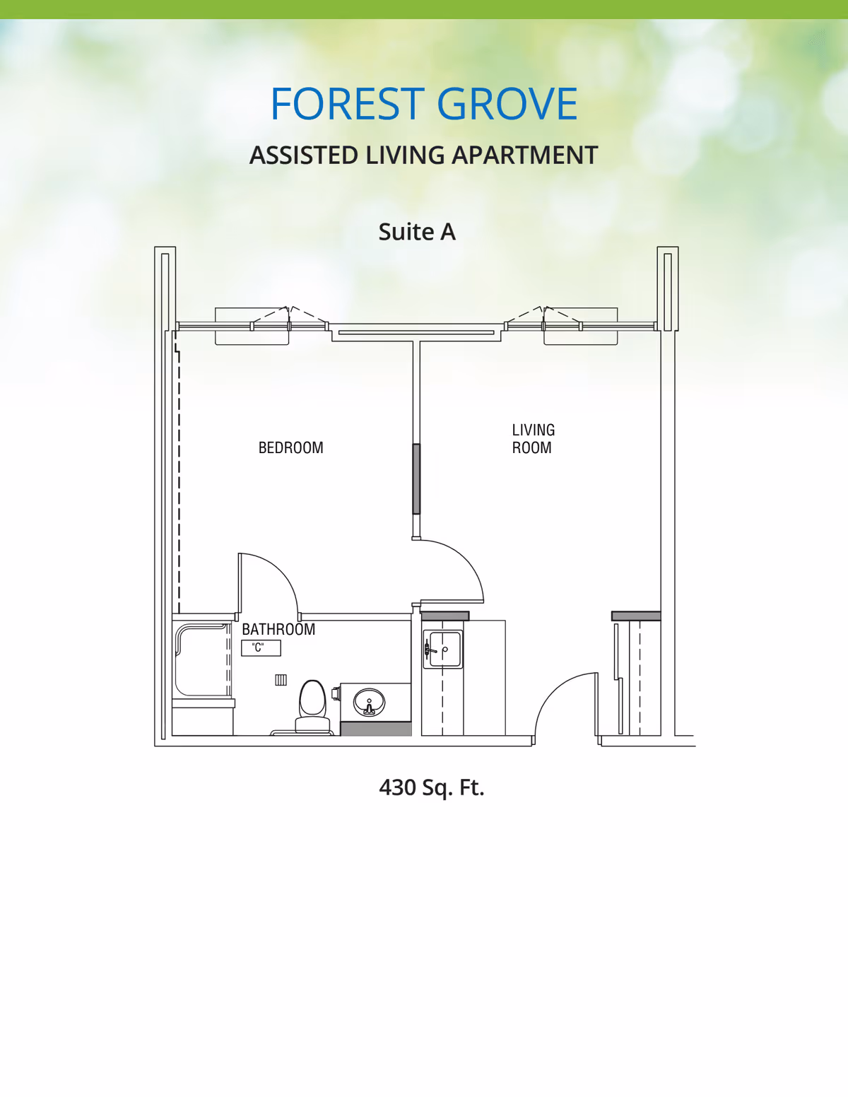Floor plan of Suite A at Forest Grove Assisted Living Apartment showing a bedroom, living room, bathroom, and a small kitchen area, totaling 430 square feet.