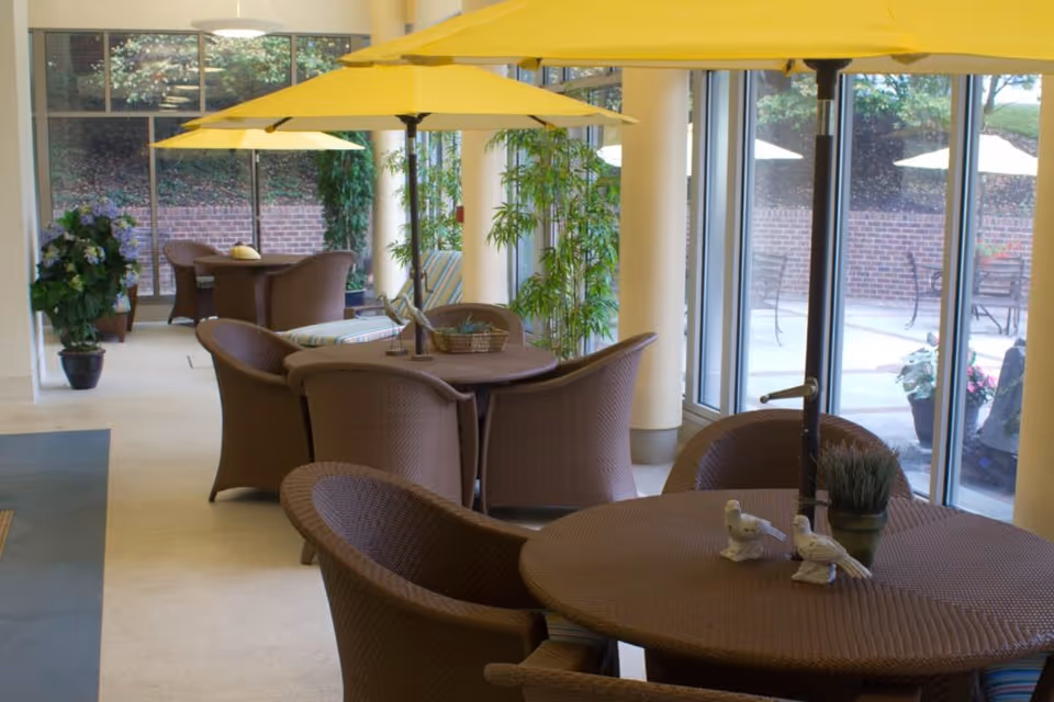 Indoor seating area with round wicker tables and chairs, each table shaded by a large yellow umbrella. The space is bright with natural light coming through large floor-to-ceiling windows, showing an outdoor patio area with similar tables and umbrellas. There are potted plants and greenery inside near the windows.
