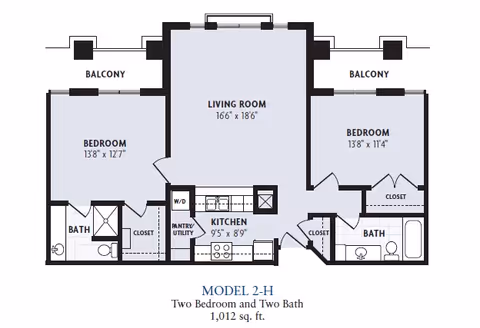 Floor plan of a two-bedroom, two-bath apartment model 2-H at The Forum at Park Lane, showing a living room, kitchen, two bedrooms each with a closet, two bathrooms, pantry/utility, washer/dryer area, and two balconies. The total area is 1,012 square feet.