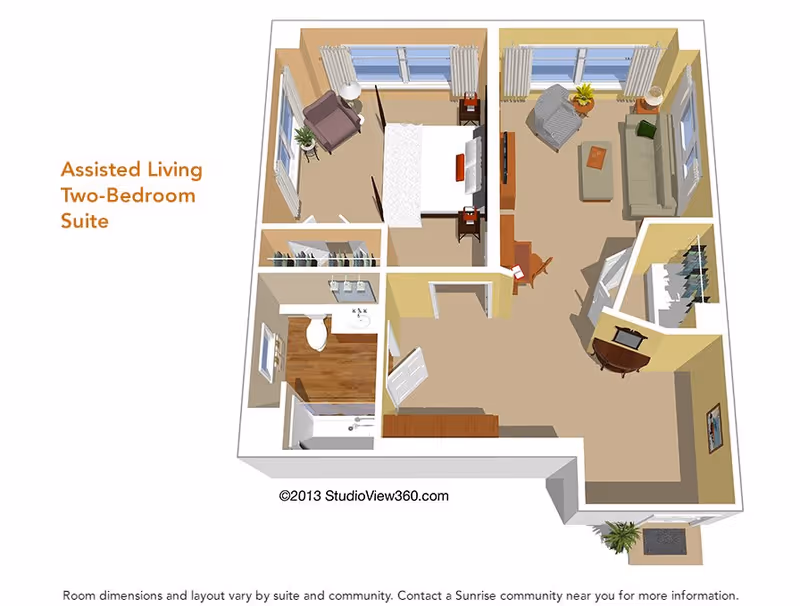 3D floor plan of an assisted living two-bedroom suite showing a living room with sofa, armchair, TV, and desk; two bedrooms each with a bed, nightstands, and a chair; a bathroom with a toilet, sink, and bathtub; and a closet space.