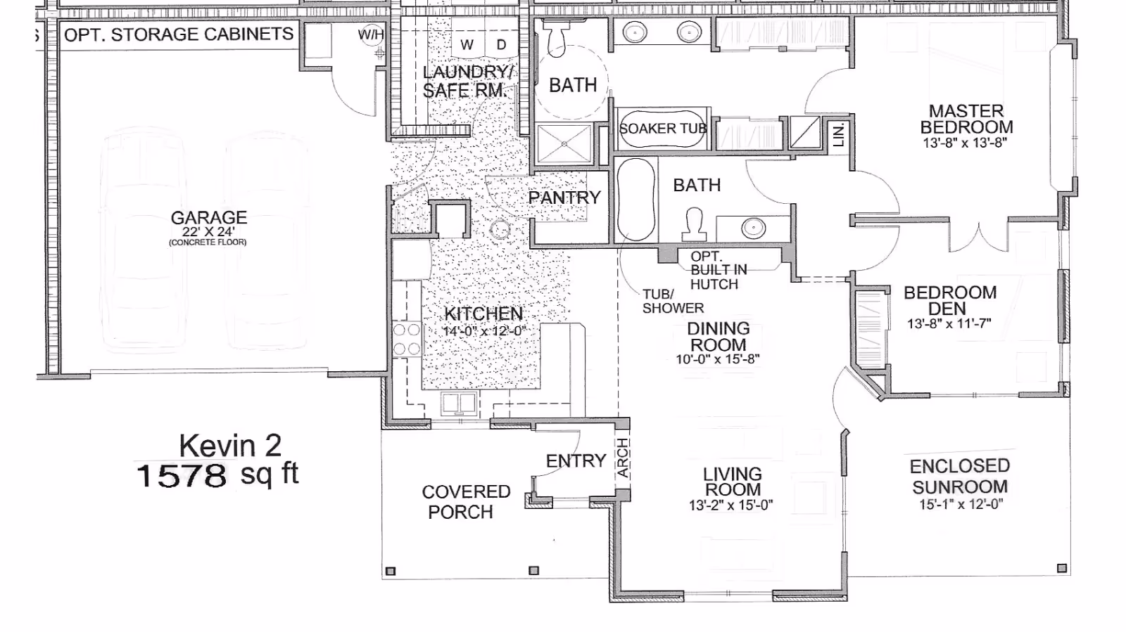 A detailed floor plan of a Shepherd’s Crossing Independent Living apartment, including kitchen, living room, dining room, bedrooms, baths, pantry, laundry, and garage.