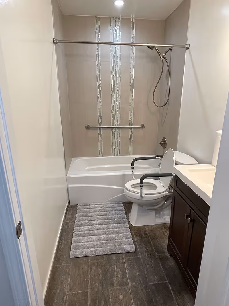 Accessible bathroom with a bathtub-shower, vertical decorative tile strip, grab bars, a raised toilet with arm supports, vanity, and a gray bath mat on wood-look floor tiles.