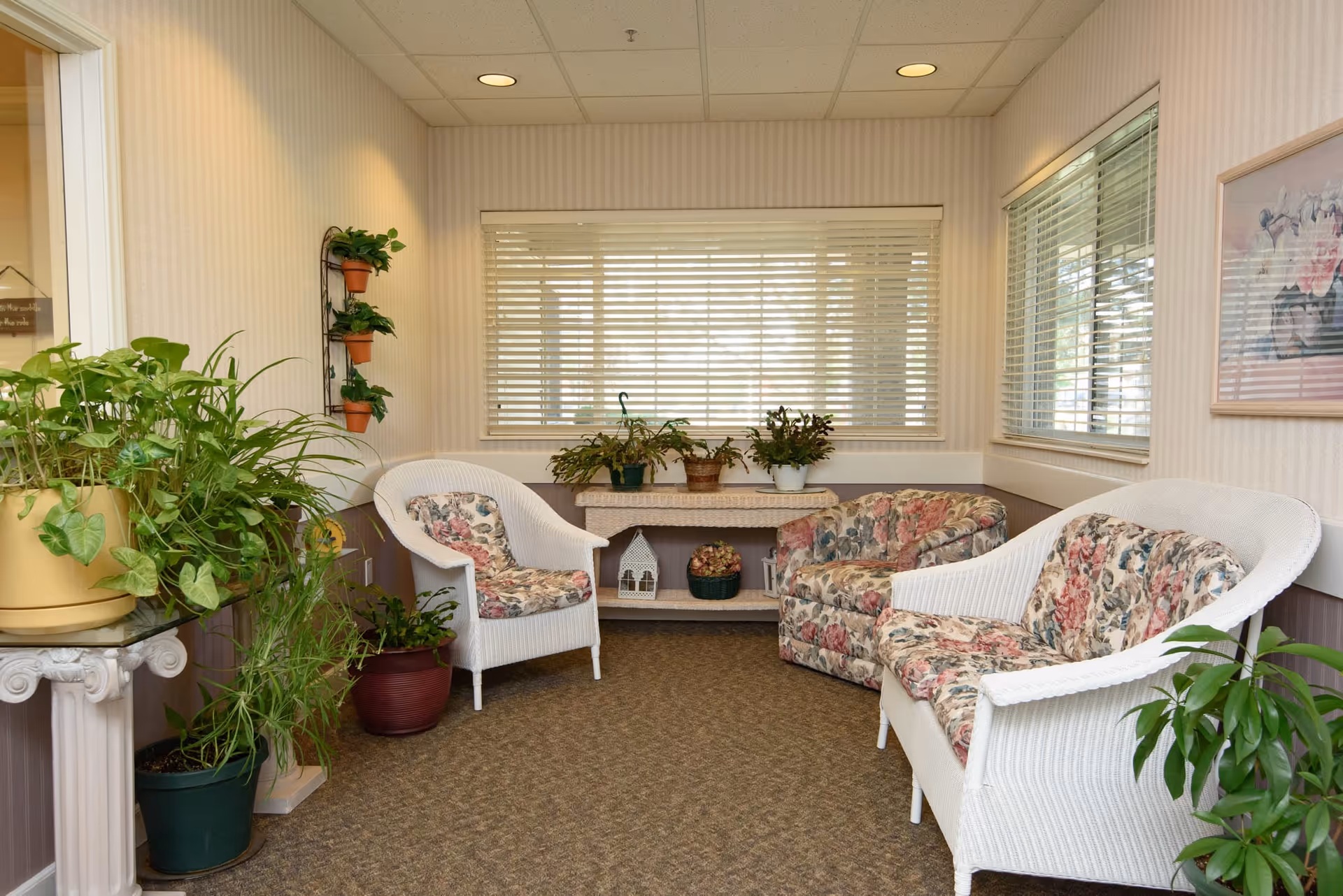Small sunlit sitting room with wicker chairs and floral cushions, potted plants, and a window with blinds.