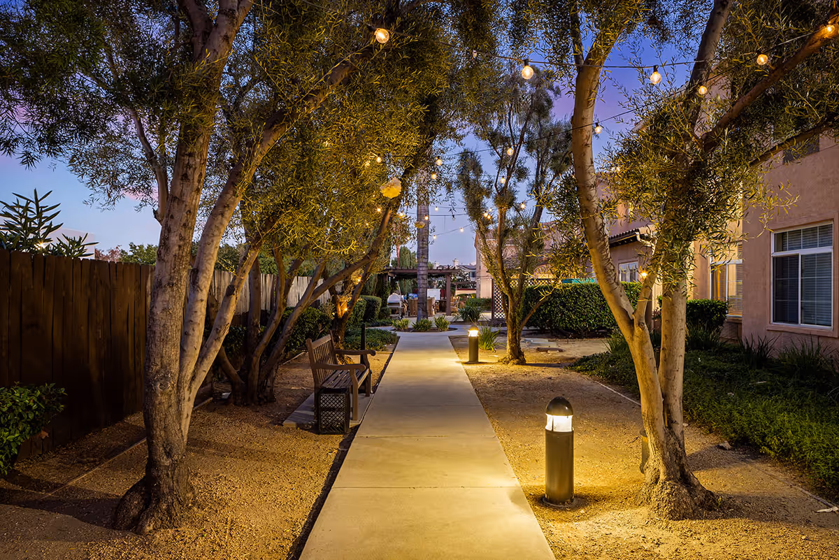 Lit outdoor courtyard walkway lined with trees, string lights, benches, and bollard lights beside a building.