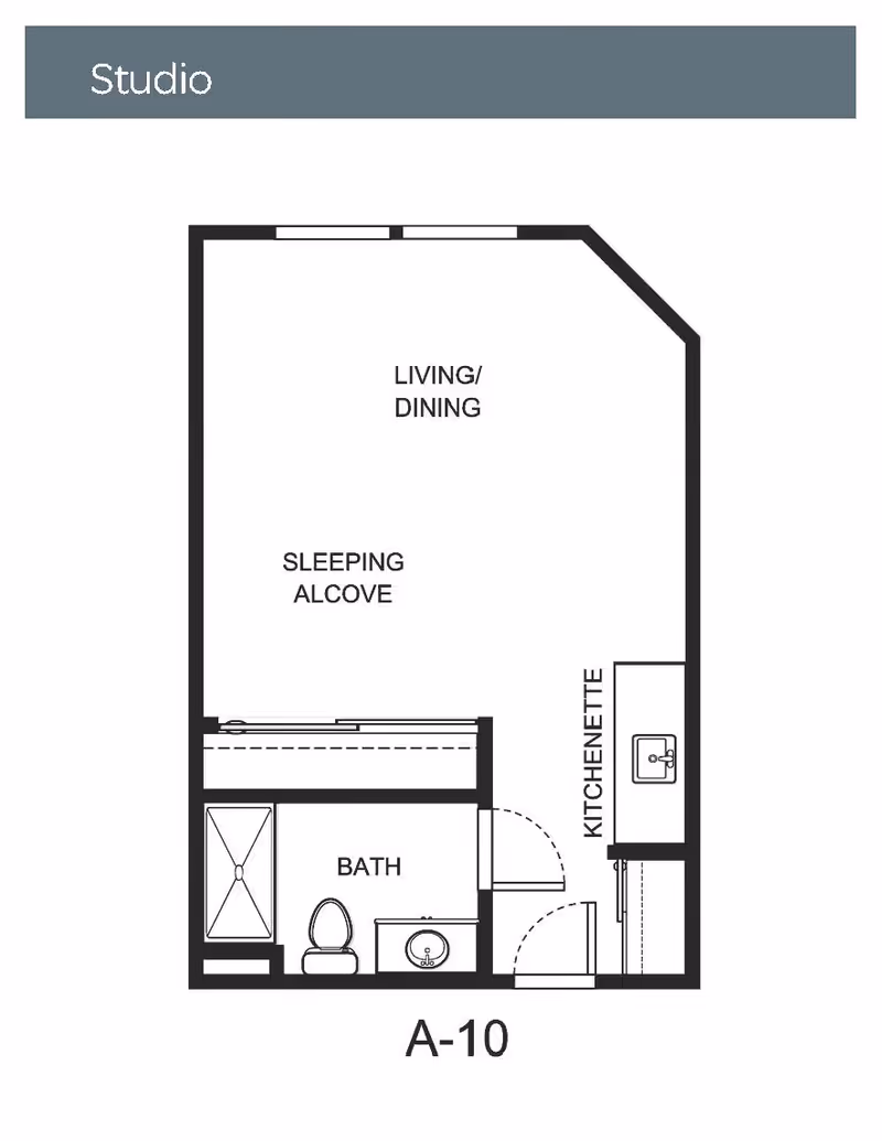 Floor plan of a studio apartment labeled A-10 at Holiday Briarcrest Estates, showing a living/dining area, sleeping alcove, kitchenette, and bathroom with a shower, toilet, and sink.