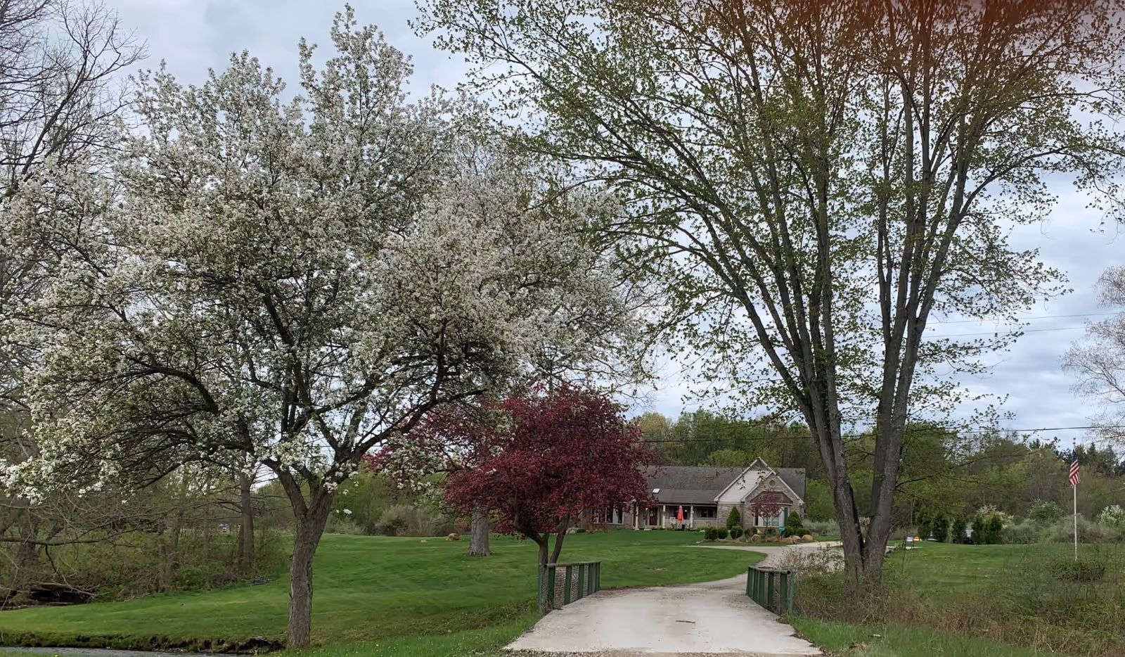 A scenic outdoor view of a green lawn with a concrete pathway leading to a building in the background. The pathway crosses a small bridge flanked by trees, including one with white blossoms and another with reddish leaves. The sky is overcast, and an American flag is visible on the right side of the image.