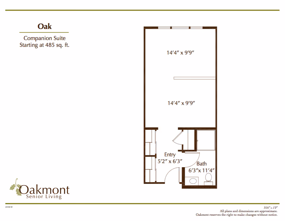 Floor plan of Oak companion suite at Oakmont Senior Living, starting at 485 square feet. The layout includes an entry area measuring 5 feet 2 inches by 6 feet 3 inches, a bath measuring 6 feet 3 inches by 11 feet 4 inches, and two main rooms each measuring 14 feet 4 inches by 9 feet 9 inches.