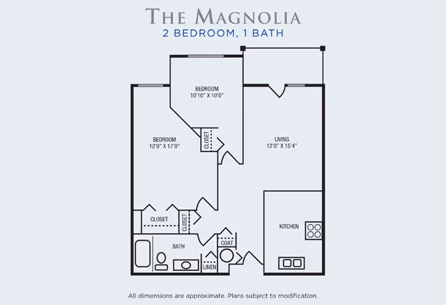 Floor plan titled The Magnolia showing a 2 bedroom, 1 bath apartment layout with dimensions. The layout includes two bedrooms, a living room, a kitchen, a bathroom, closets, a coat closet, and a linen closet.