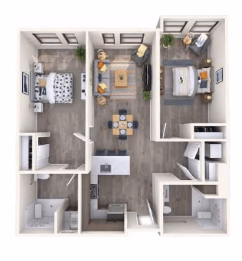 Top-down view of a two-bedroom apartment floor plan featuring a living room with a sofa, armchair, coffee table, and TV, a dining area with a table and four chairs, a kitchen with appliances and an island, two bedrooms each with a bed and side tables, and two bathrooms with showers.
