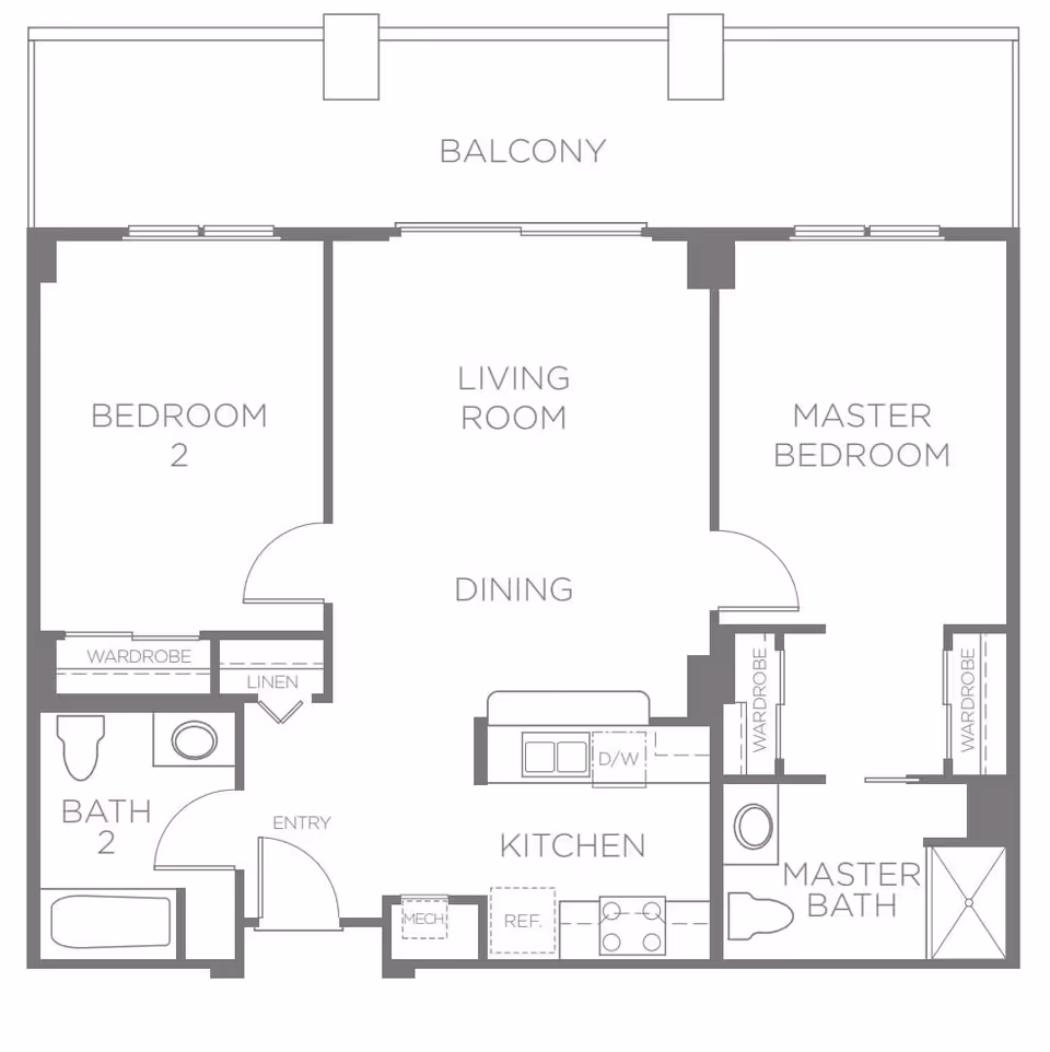 Floor plan of a residential unit at Magnolia Glen showing two bedrooms, two bathrooms, a kitchen, dining and living room area, and a balcony. The master bedroom includes a master bath and two wardrobes. The second bedroom has a wardrobe and is adjacent to the second bathroom. The kitchen includes a dishwasher, refrigerator, and stove. Entry is located near the second bathroom and kitchen.