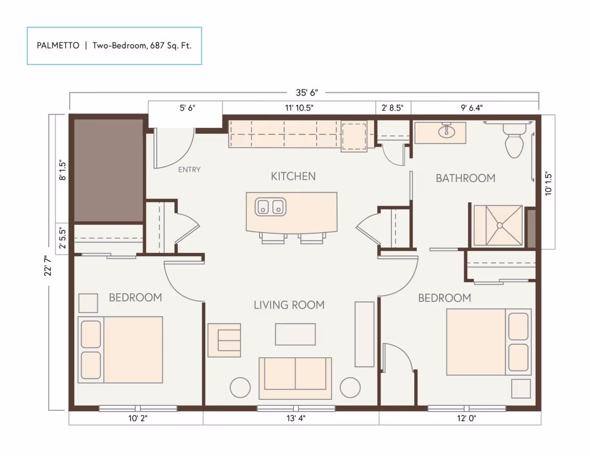 Labeled floor plan of a two-bedroom, one-bathroom 687 sq. ft. apartment showing an entry, kitchen with island, living room, bedrooms, bathroom, and dimensions.