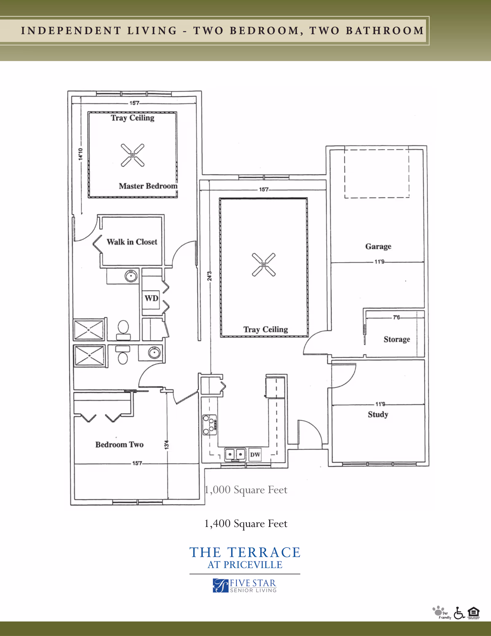 Floor plan of an independent living unit with two bedrooms and two bathrooms. The layout includes a master bedroom with tray ceiling and walk-in closet, a second bedroom, two bathrooms, a kitchen with dishwasher, a living area with tray ceiling, a garage, storage room, and a study. The total area is 1,400 square feet. The floor plan is labeled with dimensions and room names.