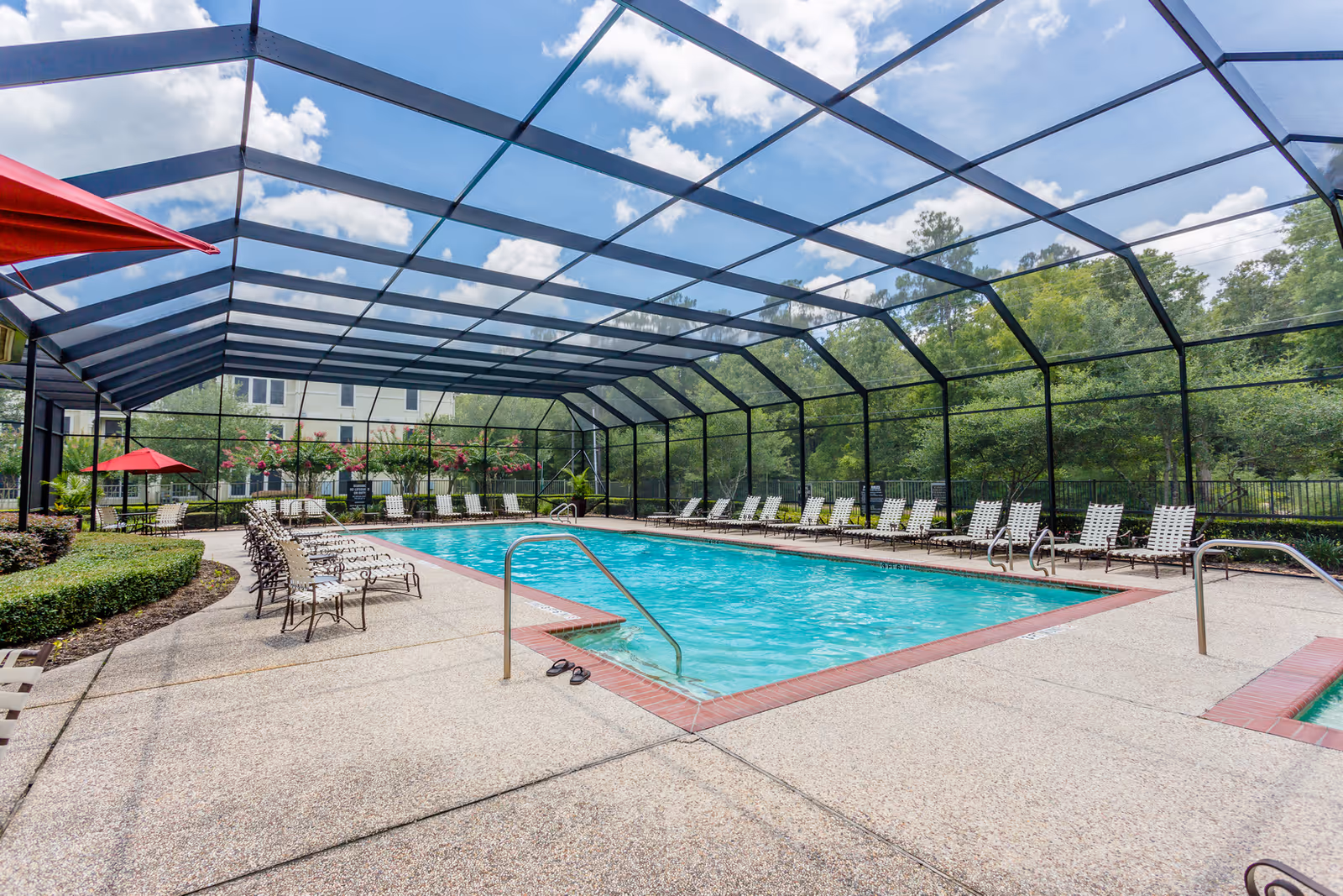 An outdoor swimming pool enclosed by a large screened structure with a clear blue sky visible through the screen. The pool area is surrounded by numerous white lounge chairs and a few red umbrellas. There are trees and greenery visible outside the enclosure.