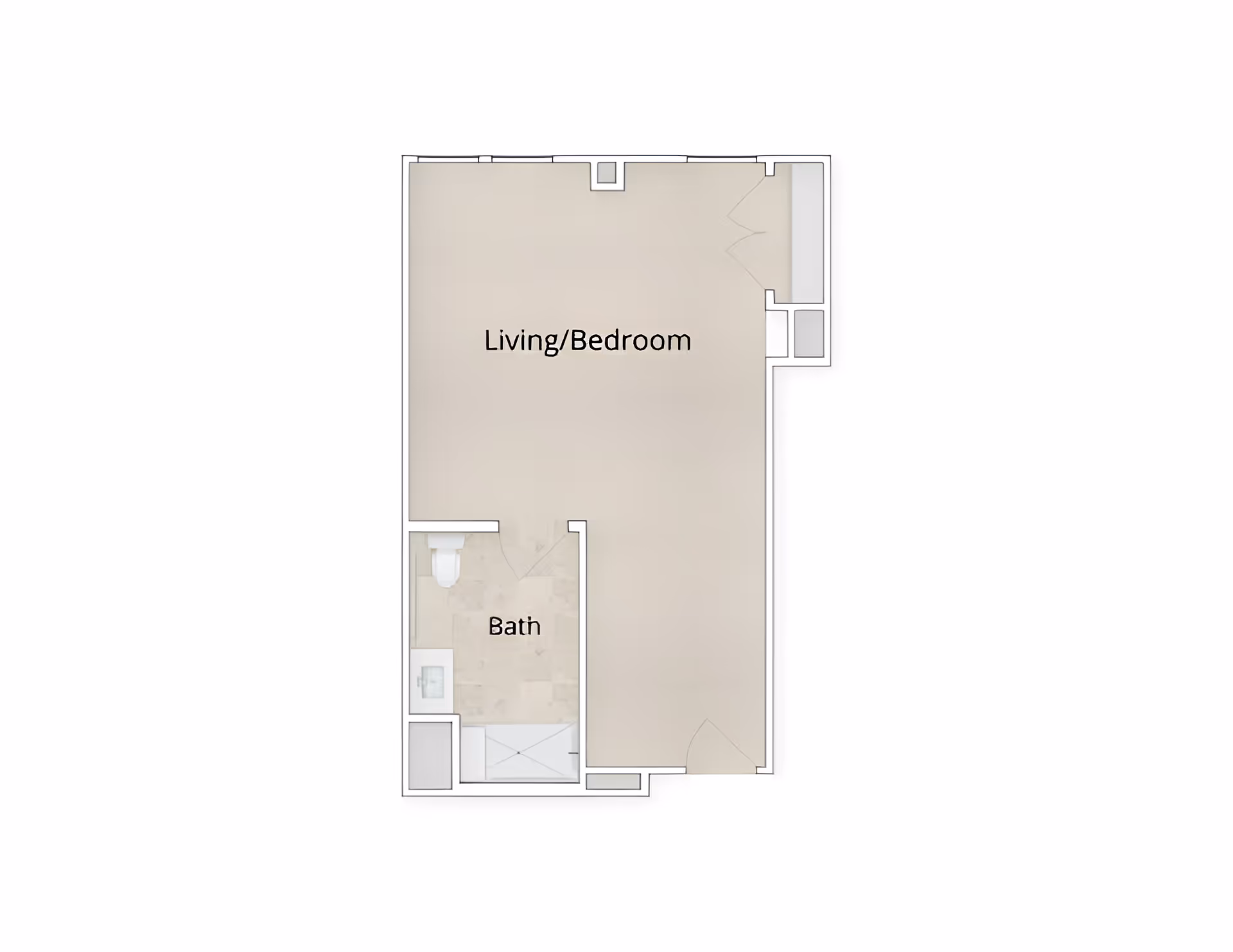 Simple floor plan of a studio apartment labeled 'Living/Bedroom' with an attached 'Bath'.