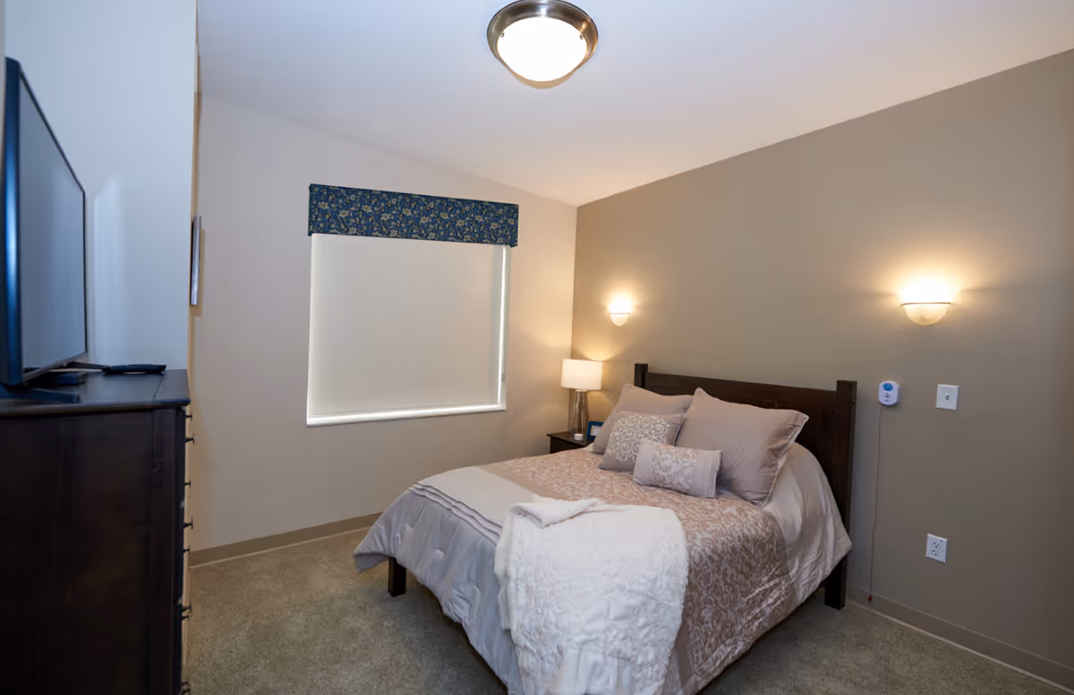 A neatly made bedroom with a double bed, pillows and throw, bedside table with lamp, dresser with TV, and a window with a closed shade.