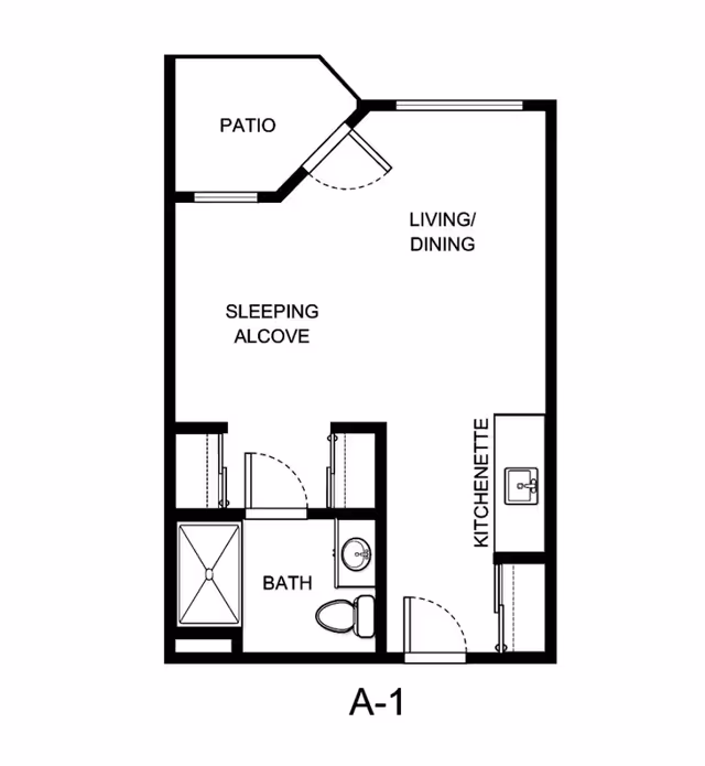 Black-and-white floor plan labeled A-1 showing a studio layout with a patio, living/dining area, sleeping alcove, kitchenette, and bath.
