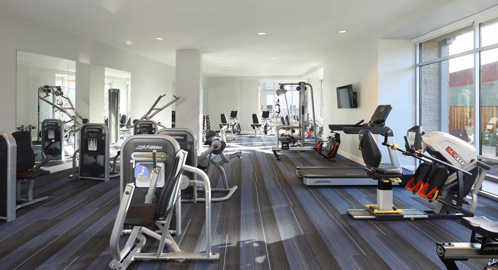 Bright and spacious fitness room with various exercise machines including treadmills, weight machines, and stationary bikes. Large windows on the right side let in natural light, and mirrors cover the left wall, reflecting the equipment and room.