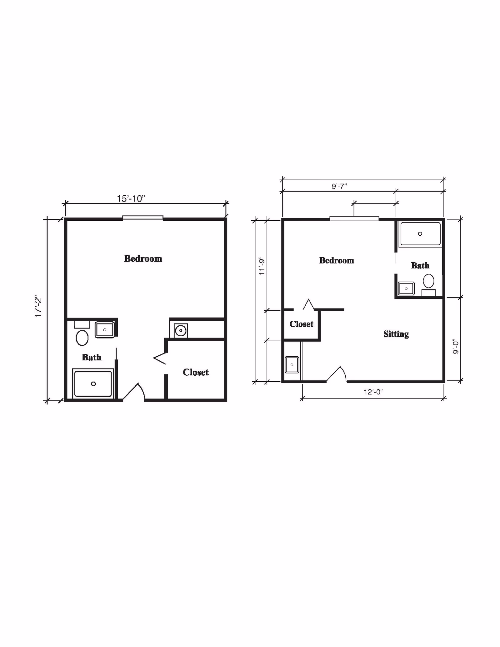Architectural floor plans showing two different layouts of a bedroom with attached bath and closet. The left plan measures 15 feet 10 inches by 17 feet 2 inches, and the right plan measures 9 feet 7 inches by 11 feet 9 inches, including a sitting area.