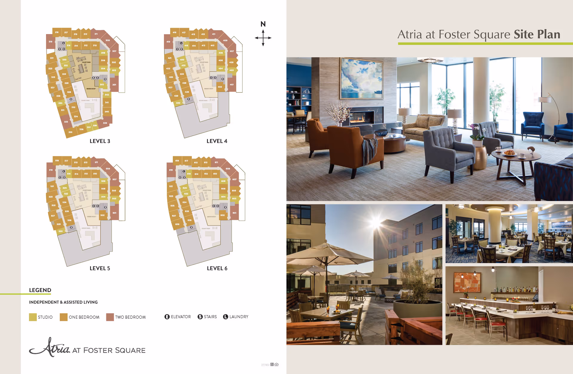 Atria at Foster Square site plan showing floor layouts for levels 3 to 6 on the left side, with a legend indicating studio, one-bedroom, and two-bedroom units, elevators, stairs, and laundry locations. On the right side, there are photos of the facility including a bright living room with chairs and a fireplace, an outdoor patio with tables and umbrellas, a dining area with tables and chairs, and a bar area with stools.