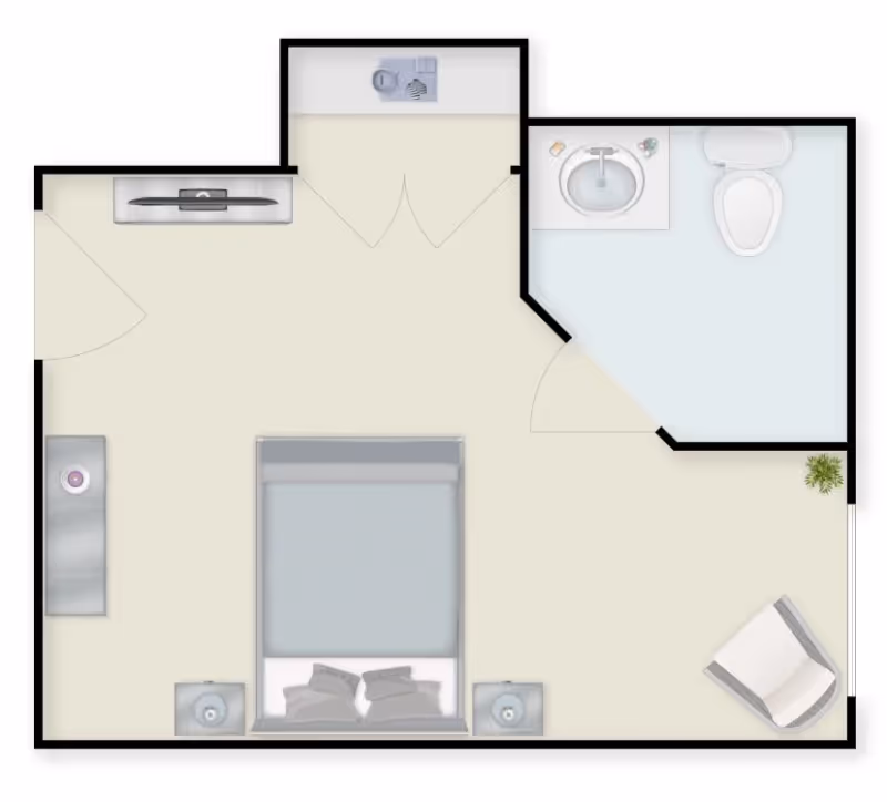 Floor plan of a senior living bedroom with a bed centered against the bottom wall, two nightstands with lamps on either side, a chair in the bottom right corner, a bathroom with a sink and toilet in the top right corner, a closet area at the top center, and a dresser with a TV on the left wall.