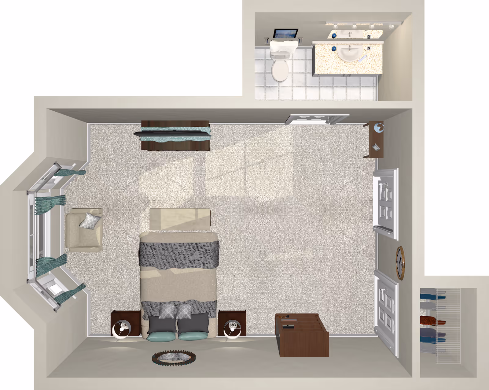 Top-down view of a senior living facility bedroom layout with a bed centered between two nightstands, a chair near a bay window with curtains, a dresser at the foot of the bed, a small desk with a chair, a wall clock, and an adjacent bathroom with a toilet and sink. There is also a small walk-in closet with hanging clothes.
