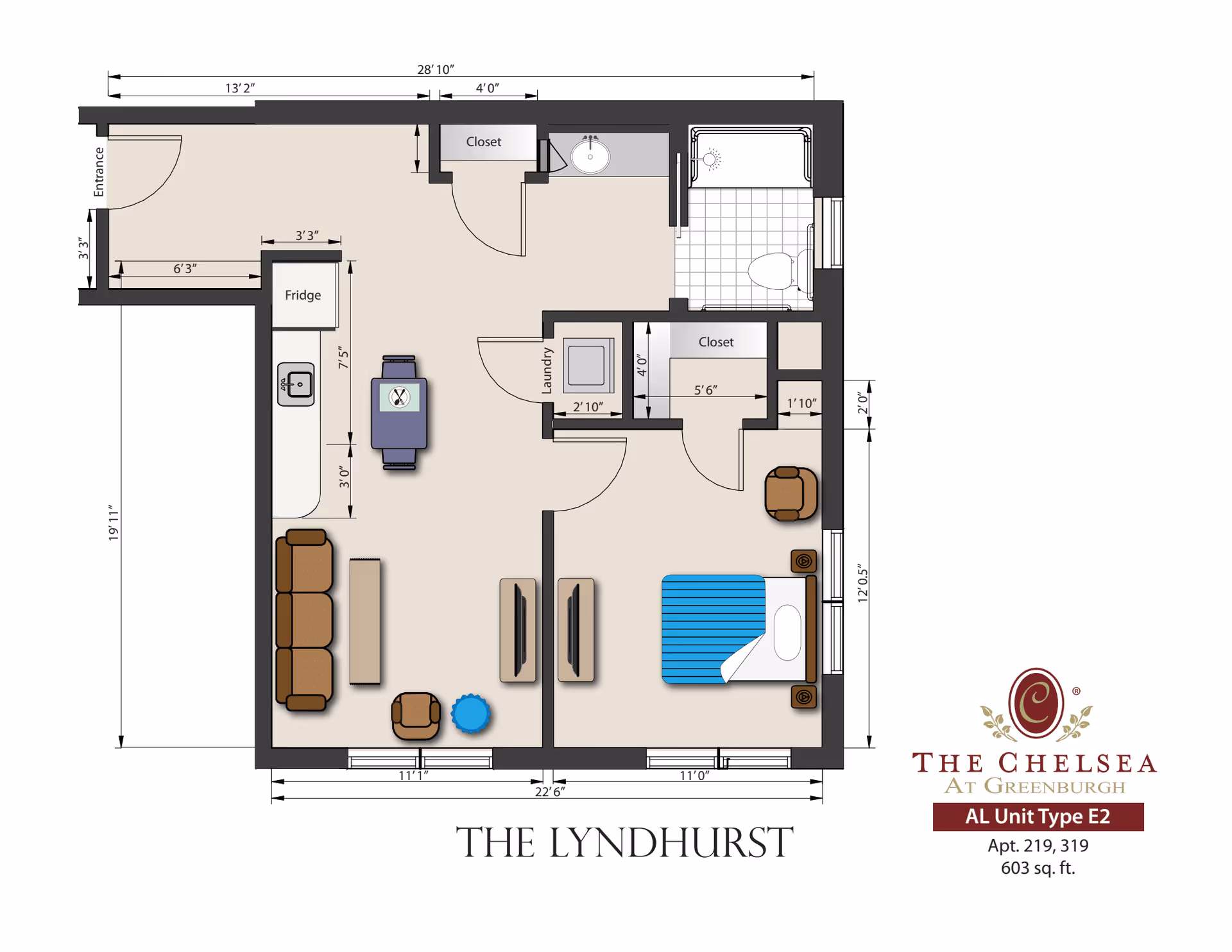 Floor plan of The Lyndhurst apartment at The Chelsea at Greenburgh showing a layout with an entrance leading to a living room with sofa, chair, and table, a kitchen area with fridge and sink, a dining table, a bedroom with a bed, two nightstands, and a chair, a bathroom with a shower, toilet, and sink, two closets, and a laundry area. The total area is 603 square feet.