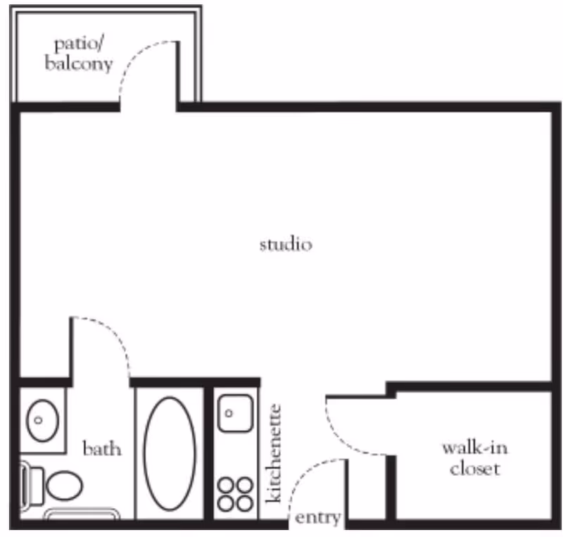 Floor plan of a studio apartment featuring a patio/balcony, a bathroom with a toilet, sink, and bathtub, a kitchenette with a stove and sink, an entry area, and a walk-in closet.