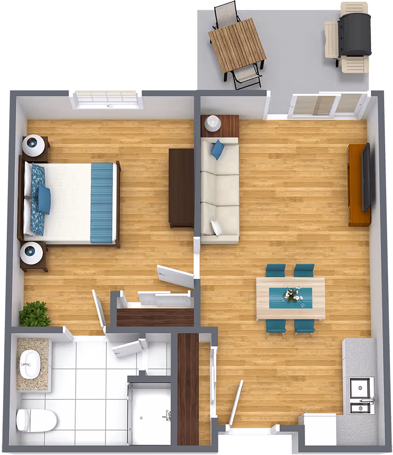 Top-down floor plan of a one-bedroom apartment featuring a bedroom with a bed and nightstands, a bathroom with a sink, toilet, and shower, a living room with a sofa, side table, and TV, a dining area with a table and four chairs, and a kitchen with a sink and countertop. Outside the living room, there is a patio with a table, chairs, and a barbecue grill.