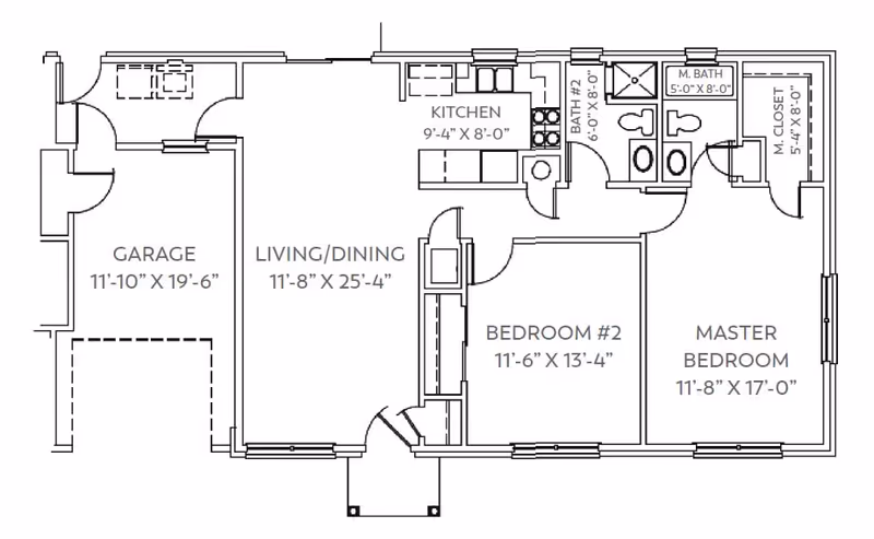 Architectural floor plan showing a layout with a garage, living/dining area, kitchen, two bedrooms including a master bedroom with a master bath and closet, and a second bathroom.