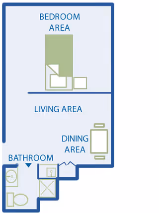 Floor plan layout showing a bedroom area with a bed and nightstand, a living area, a dining area with a table and chairs, and a bathroom with a toilet, sink, and shower.