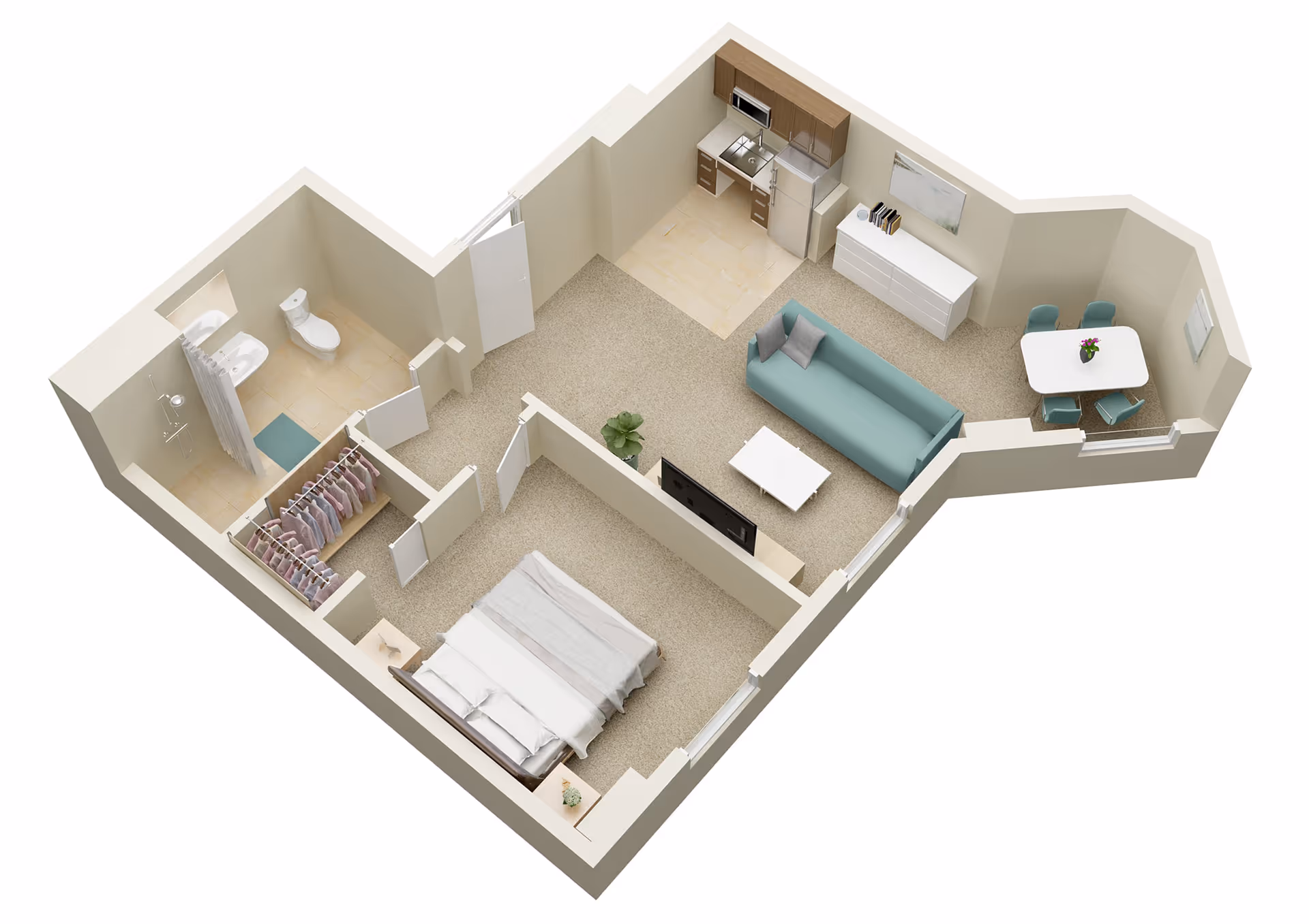 3D floor plan of a one-bedroom apartment showing a living area with sofa and TV, kitchenette, dining nook, bedroom, bathroom, and closet.