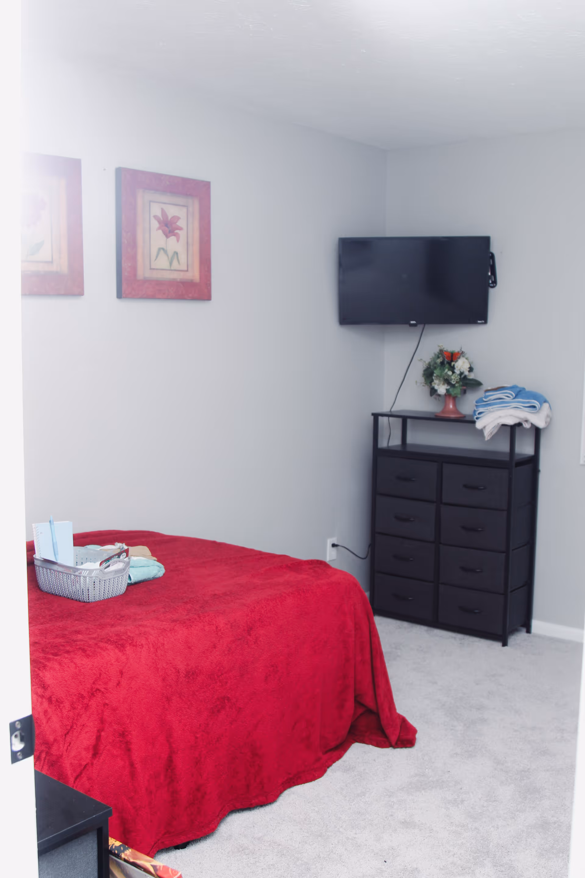 Bedroom with a red-covered bed, wall-mounted TV, black drawer unit topped with towels and a vase of flowers, and framed floral prints on the wall.