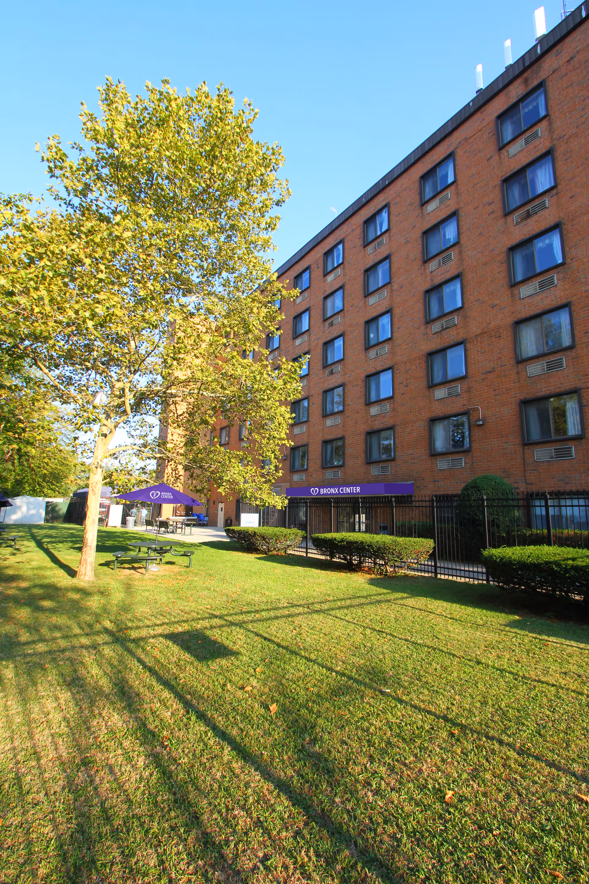 Outdoor view of Bronx Center for Rehabilitation and Nursing showing a multi-story brick building with several windows. In front of the building is a green lawn with a tree, bushes, picnic tables, and purple umbrellas with the Bronx Center logo. The sky is clear and blue.