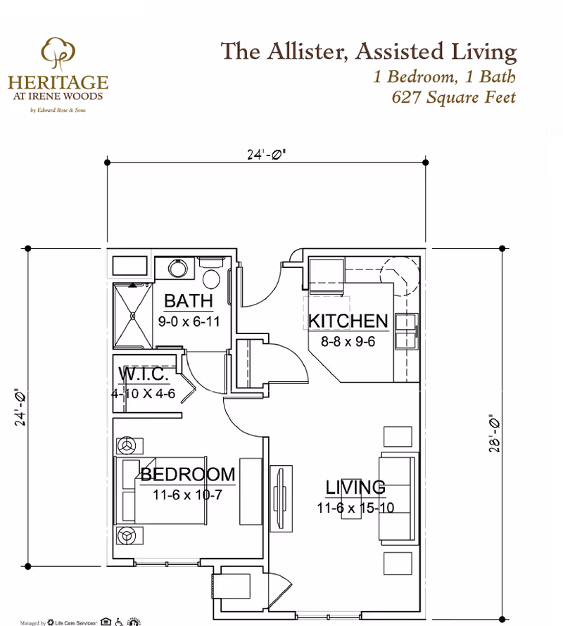 Architectural floor plan of The Allister, Assisted Living unit at Heritage at Irene Woods, showing a 1 bedroom, 1 bath layout with dimensions for each room including bath, walk-in closet, bedroom, kitchen, and living area.