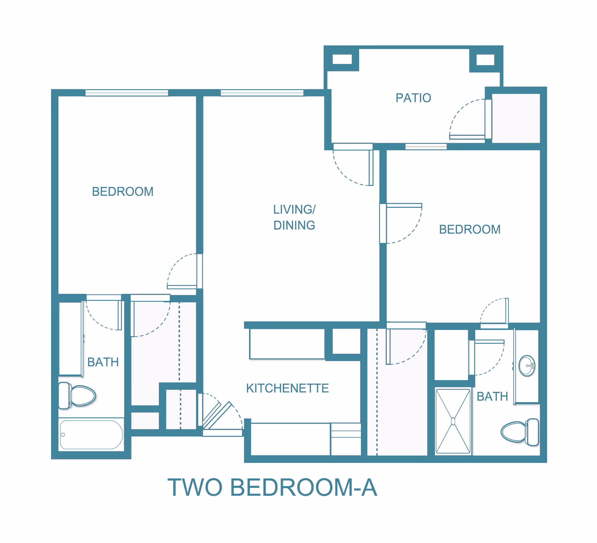 Floor plan layout of a two-bedroom apartment labeled Two Bedroom-A, showing two bedrooms, two bathrooms, a kitchenette, a living/dining area, and a patio.