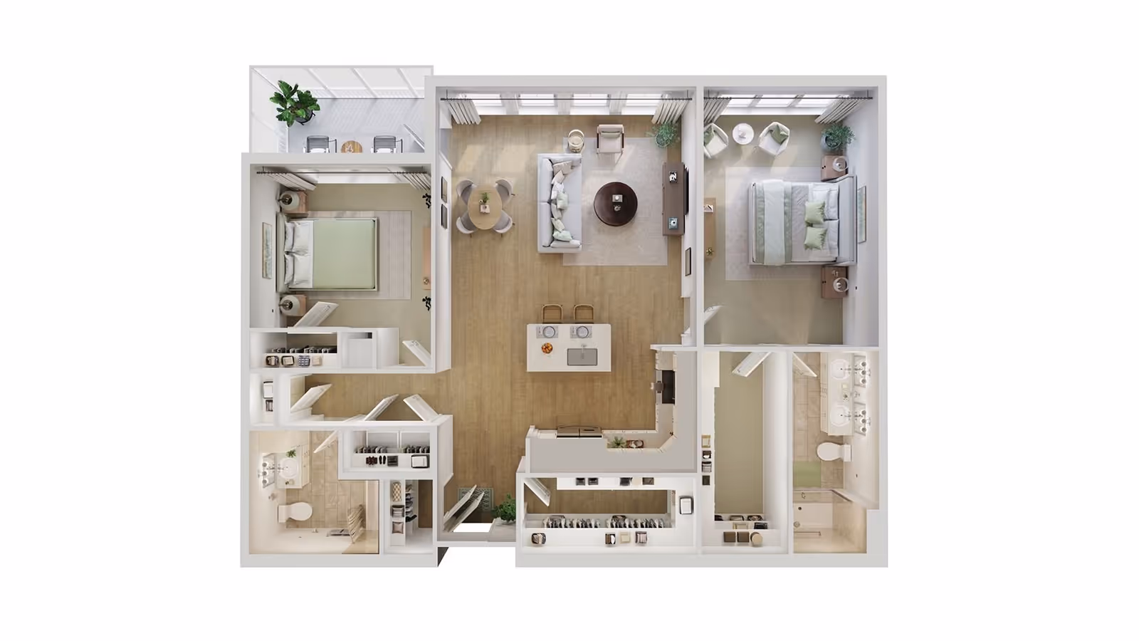 Top-down view of a two-bedroom apartment floor plan featuring a living room with sofa and chairs, a dining area with a round table and four chairs, a kitchen with an island and two stools, two bedrooms each with a bed and nightstands, two bathrooms, closets, and a balcony with outdoor seating.