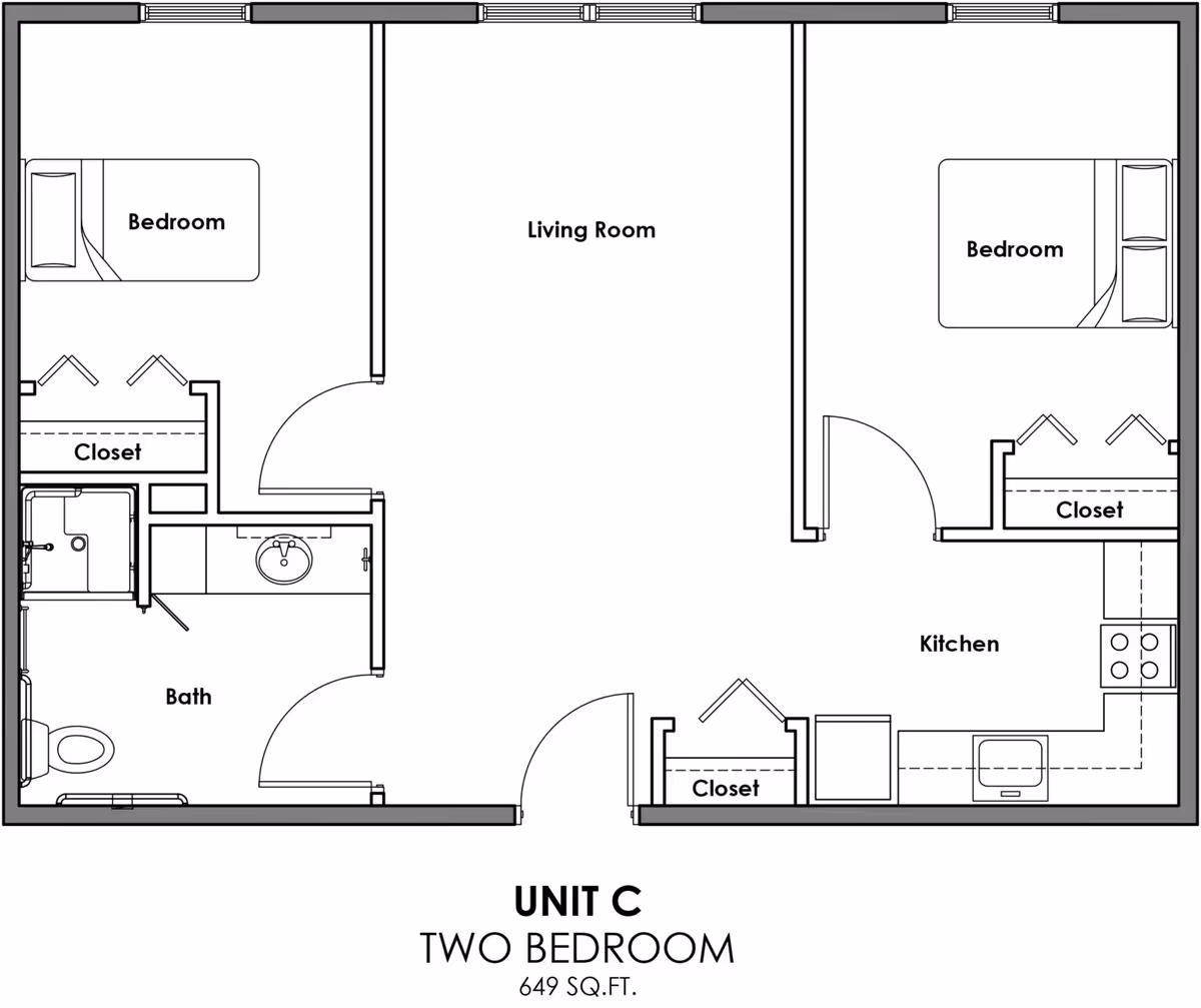 Black-and-white floor plan labeled "Unit C Two Bedroom 649 SQ.FT." showing two bedrooms, a living room, kitchen, bathroom, and multiple closets.