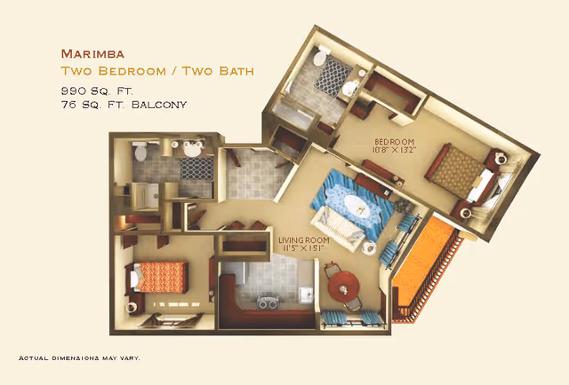 Floor plan of a two bedroom, two bath apartment named Marimba with 990 square feet and a 76 square foot balcony. The layout includes two bedrooms, two bathrooms, a living room, and a kitchen area. Dimensions for the living room and one bedroom are provided.