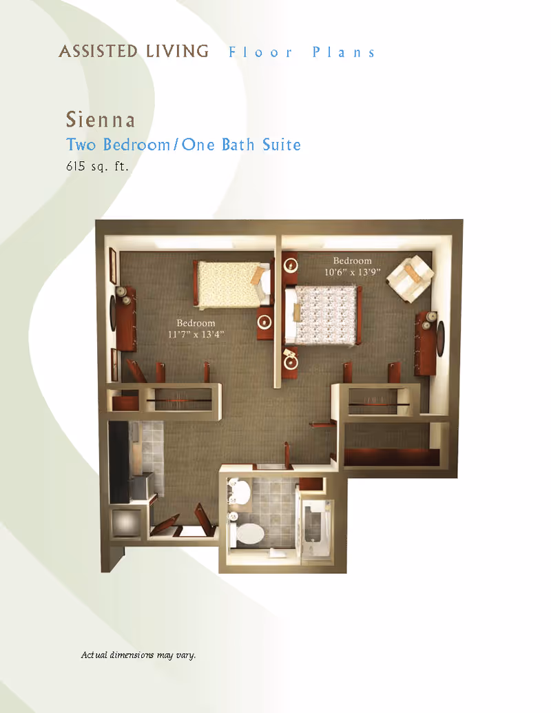 Floor plan of Sienna two bedroom, one bath suite in an assisted living facility, showing two bedrooms with dimensions, a bathroom, and a kitchen area.