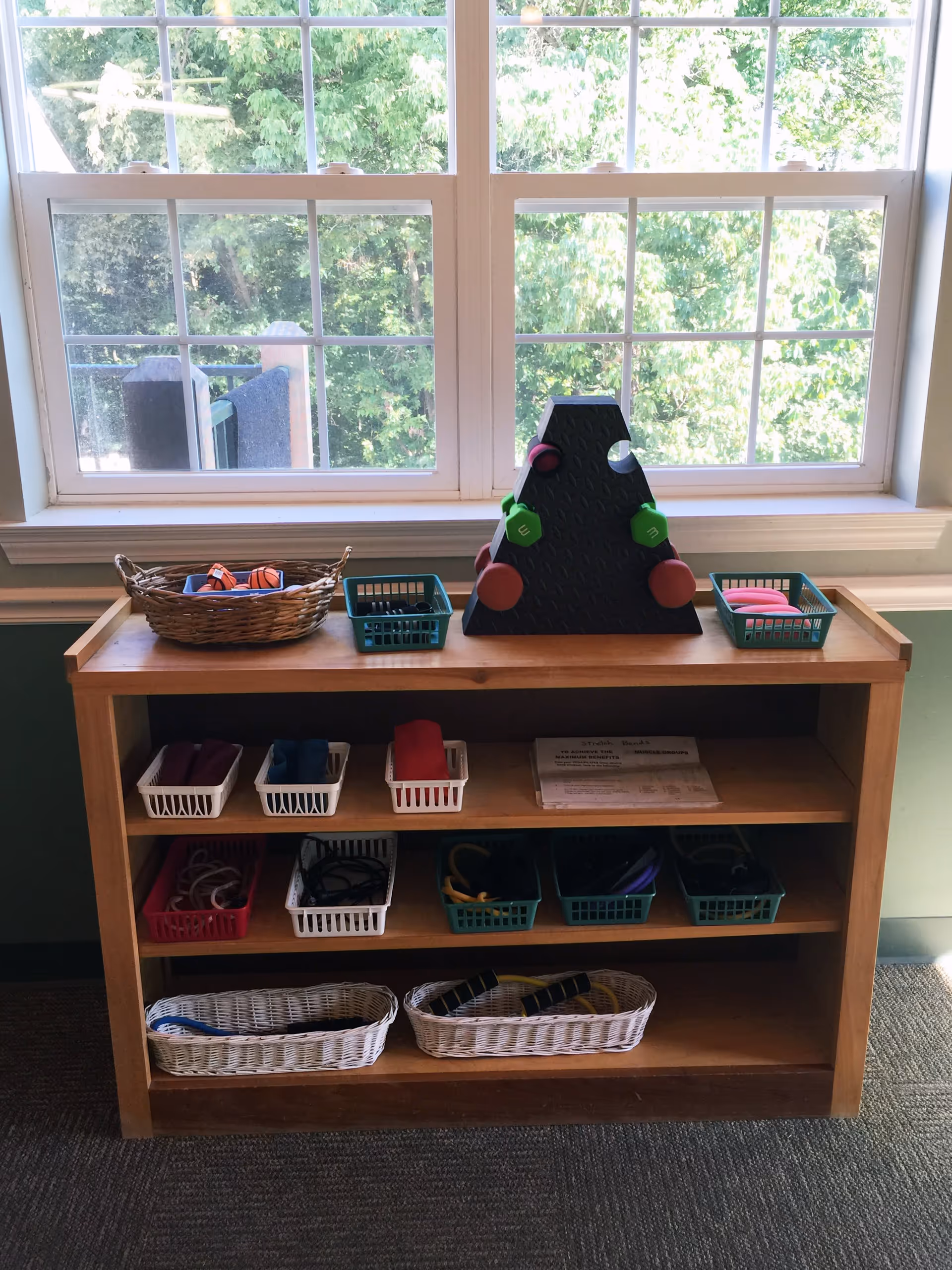 A wooden shelf unit placed in front of a large window with a view of green trees outside. The shelf holds various small baskets containing exercise equipment such as hand weights, resistance bands, and other fitness accessories. On top of the shelf is a black triangular rack holding colorful hand weights.