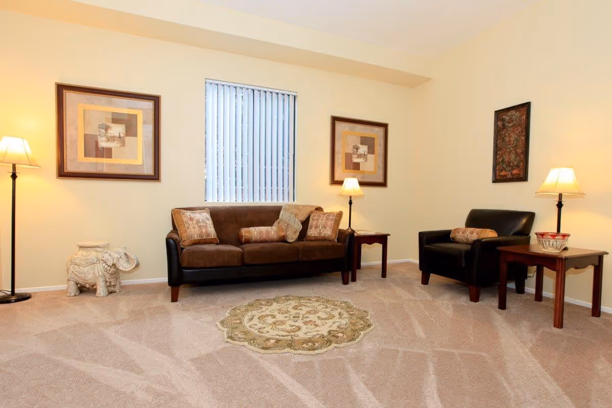 Living room with a brown sofa and armchair, side tables and lamps, framed artwork, and a decorative round rug on carpeted floor.