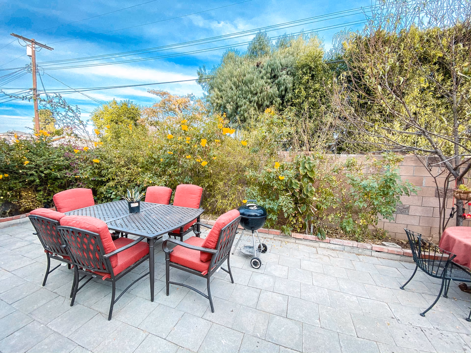 Outdoor patio area with a black metal table and six chairs with red cushions. There is a small black charcoal grill on wheels nearby. The patio is surrounded by a variety of green bushes and trees, with a brick wall in the background under a partly cloudy blue sky.