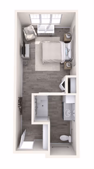 Top-down floor-plan rendering of a compact studio apartment with a bed, seating area, TV, kitchenette, and a separate bathroom.