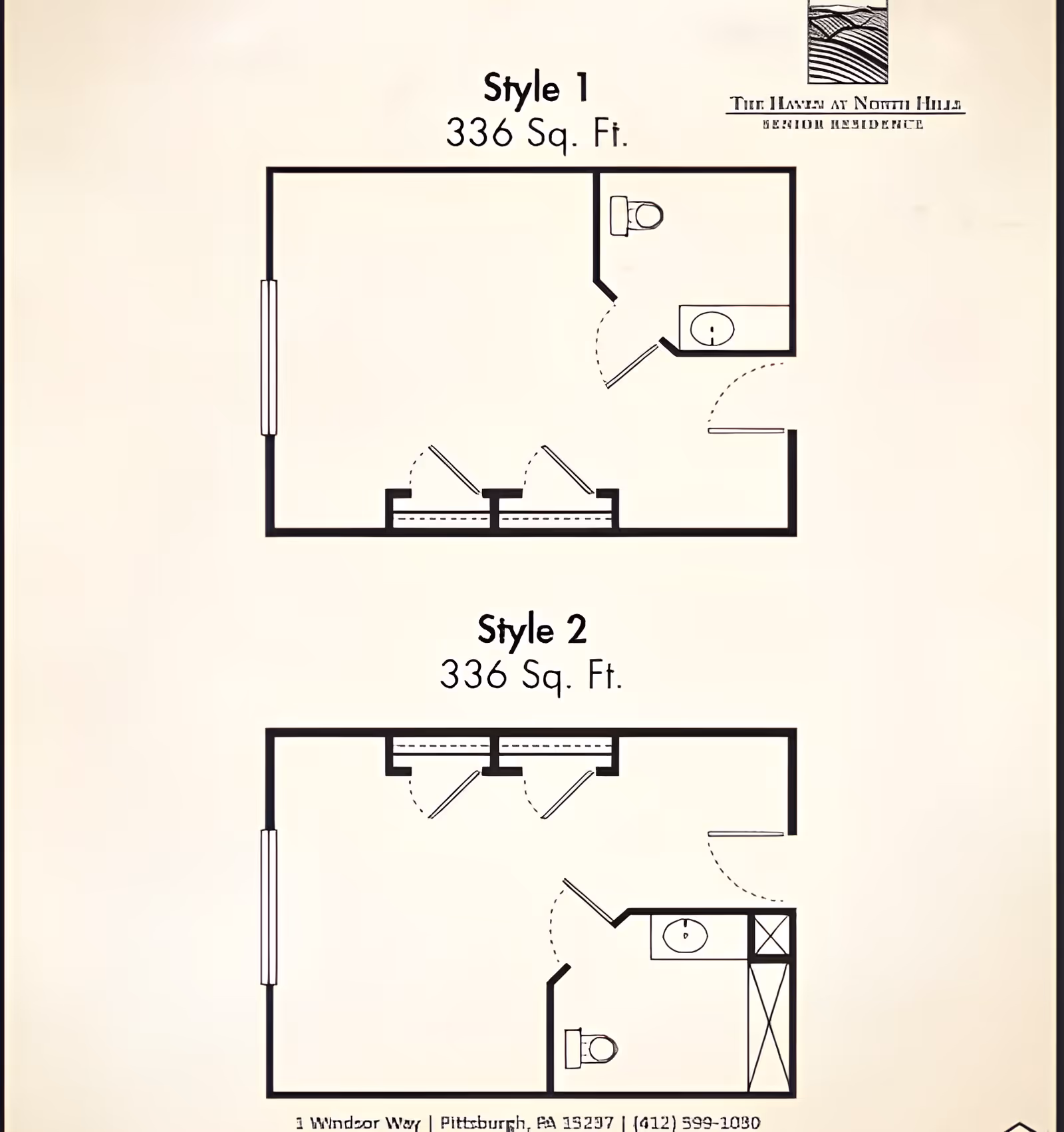 Two labeled floor-plan diagrams (Style 1 and Style 2) each showing a 336 sq. ft. studio layout with bathroom and closets.