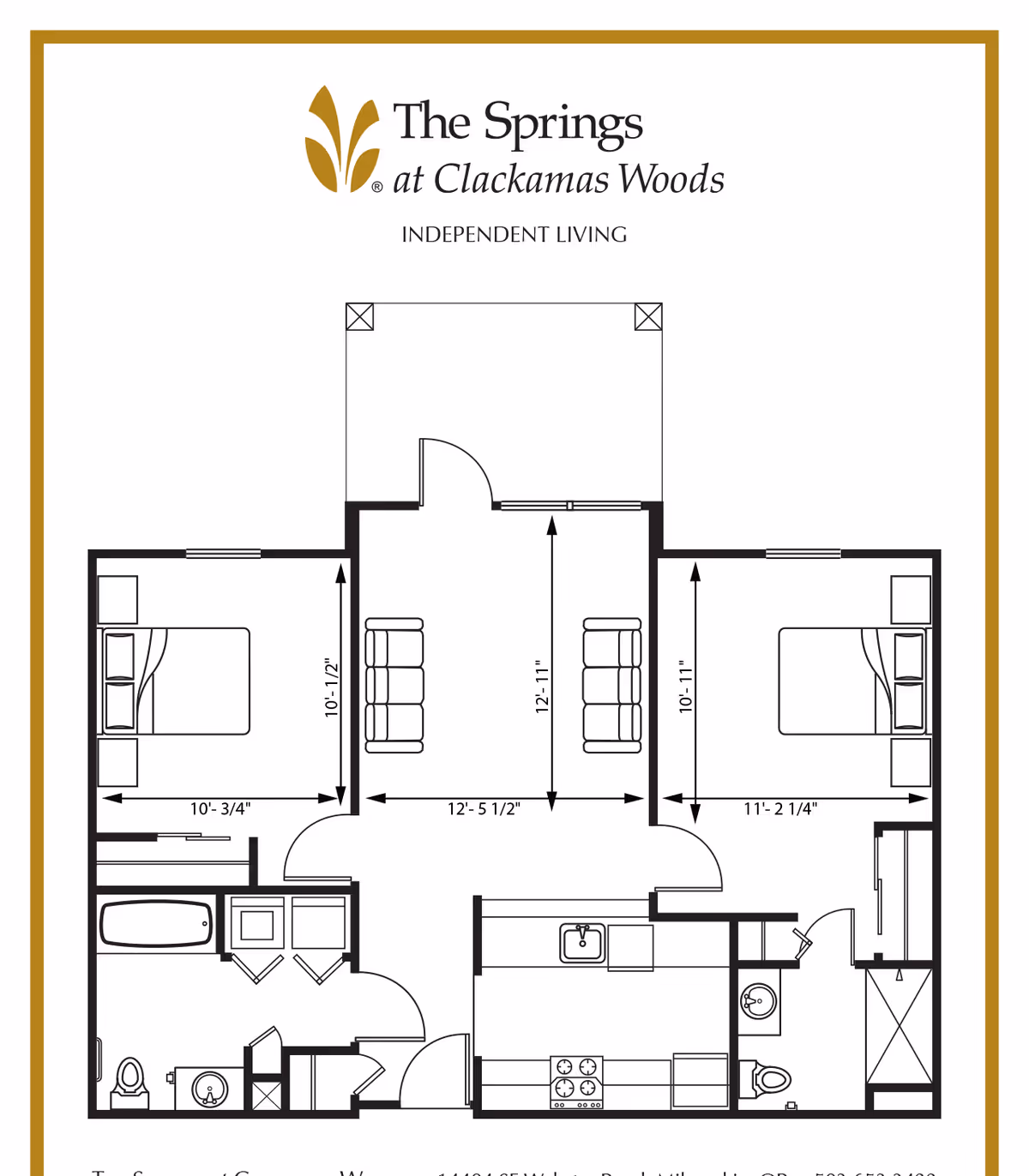 Floor plan of an independent living unit at The Springs at Clackamas Woods showing two bedrooms, a living room with two sofas, a kitchen, and two bathrooms.